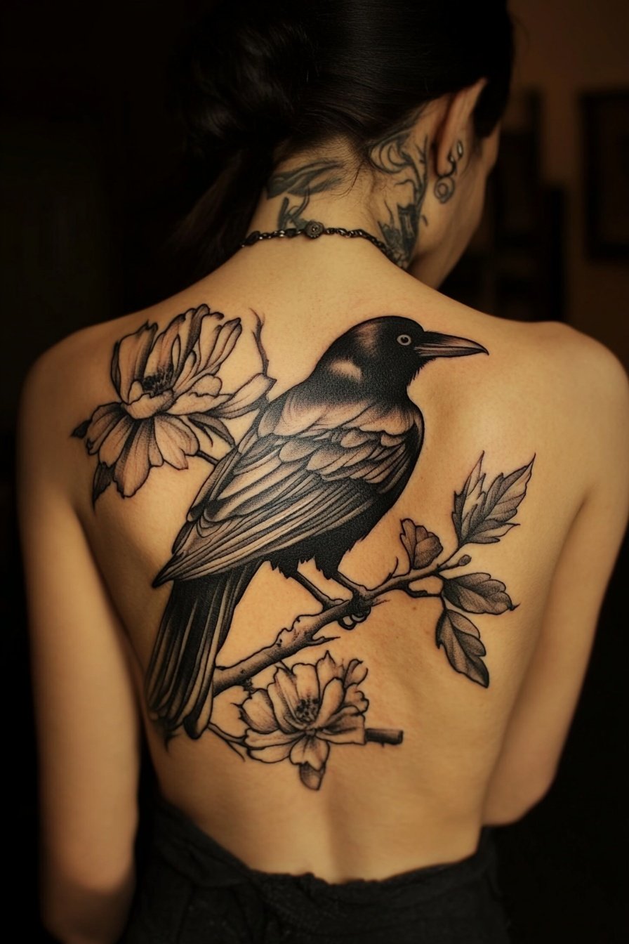 A beautiful woman with a raven tattoo on her back a 4
