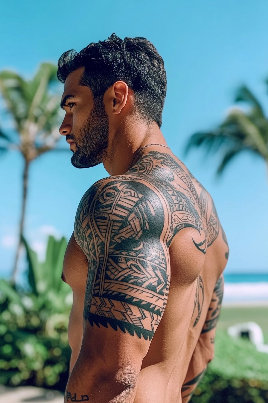 A black and gray Hawaiian tribal tattoo on the uppe 0