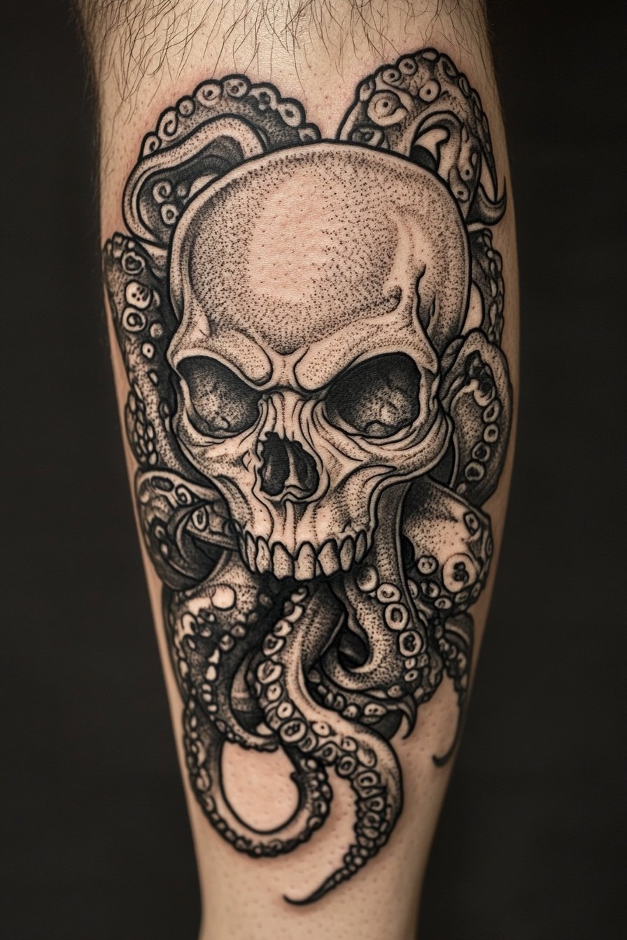 A black and gray tattoo of a skull with tentacles w 6