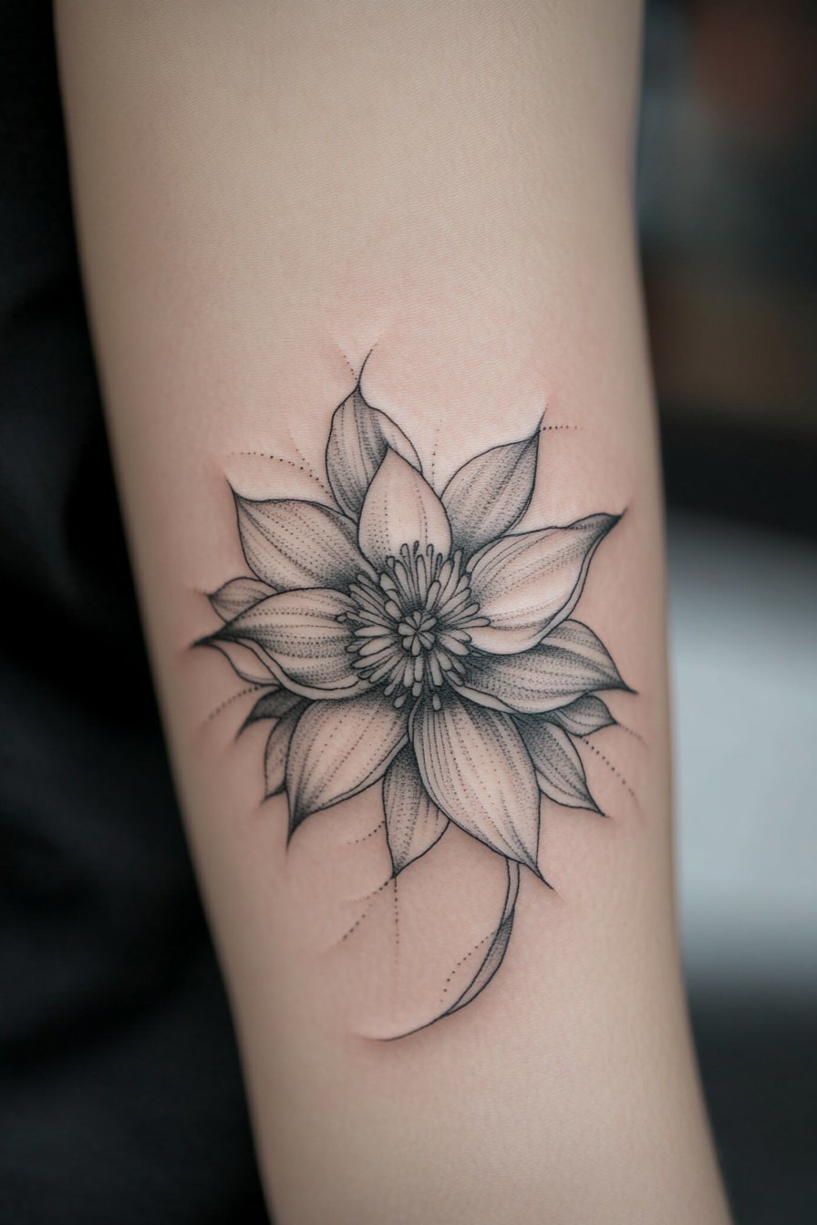 A black and gray tattoo of an elegant flower on the d