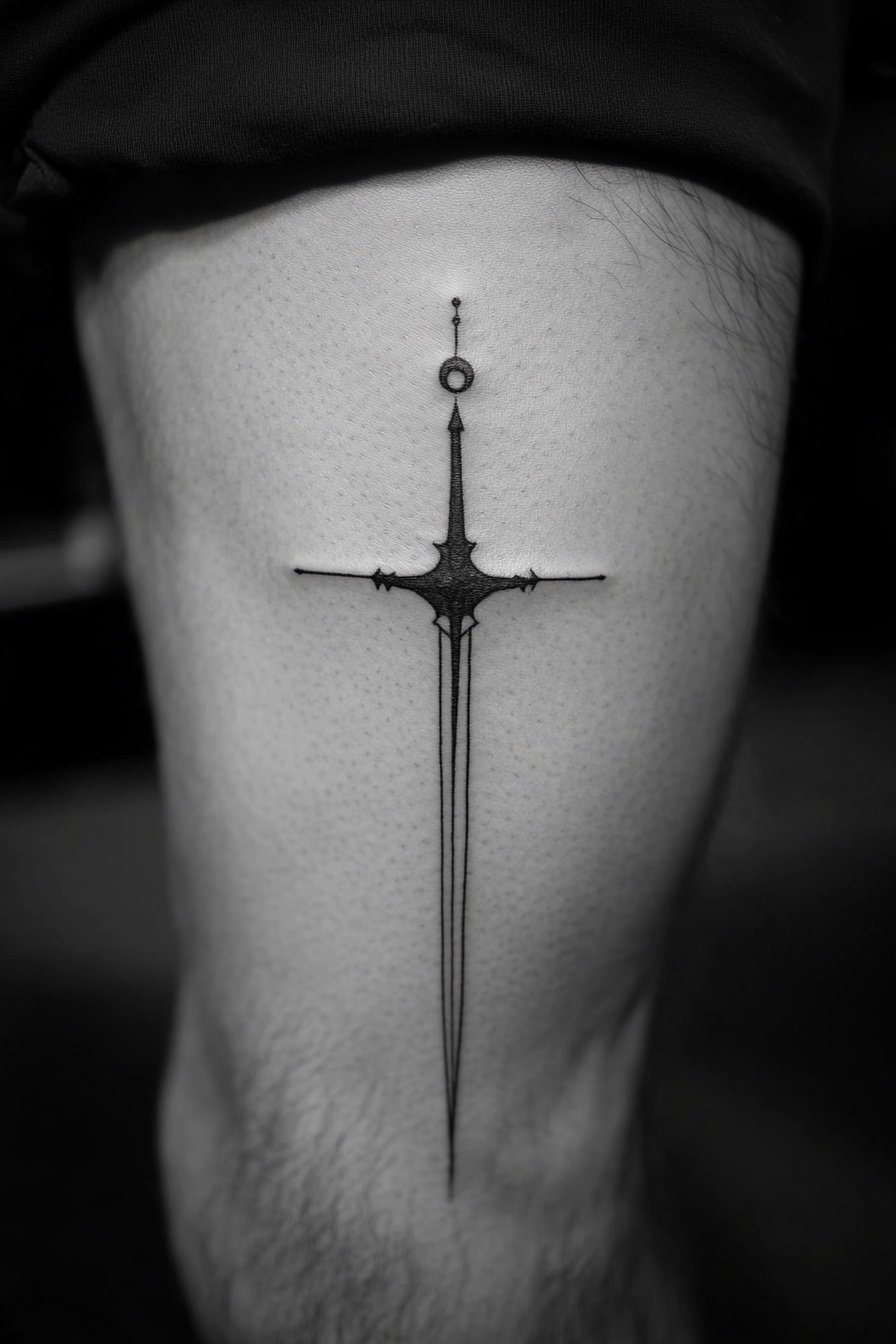 A black and white dagger tattoo on the thigh of an 0
