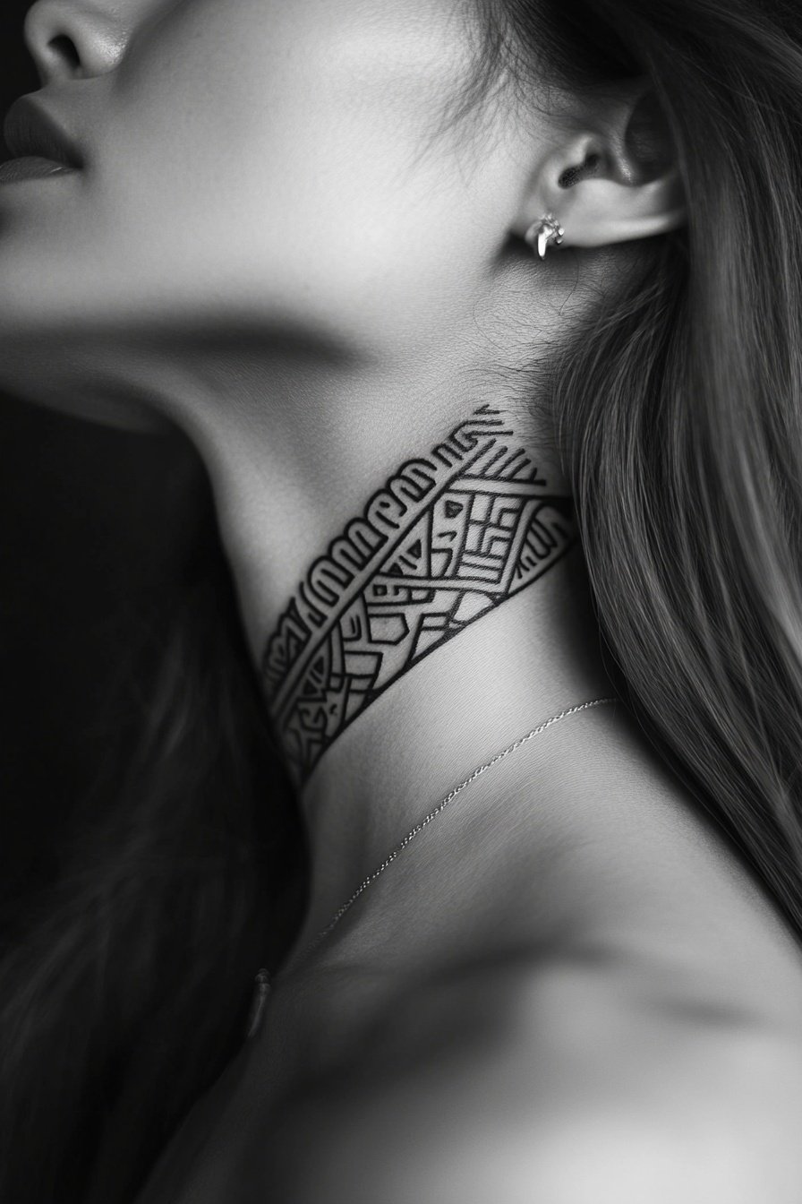 A black and white neck tattoo of tribal patterns a 0