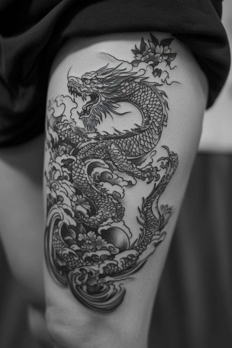 A black and white tattoo depicting a dragon fightin 8