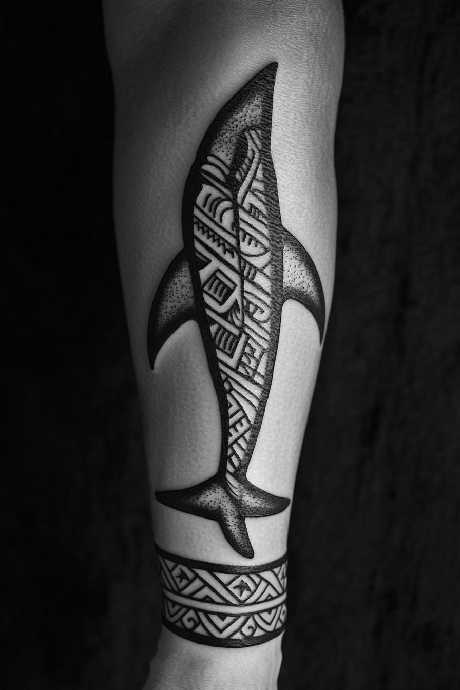 A black-and-white tattoo of a shark with a Maori-st e