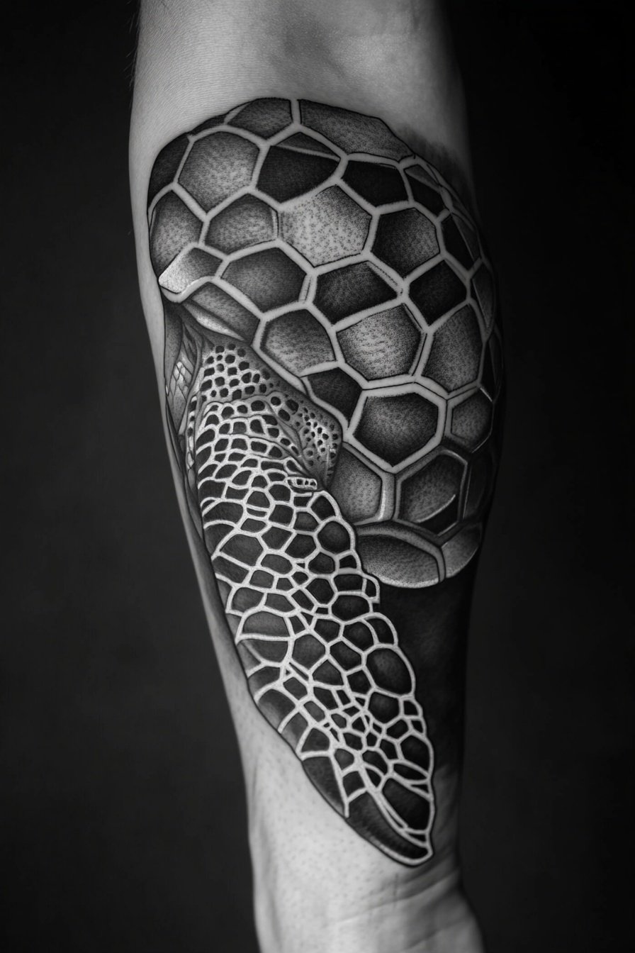 A black and white tattoo of a turtle shell with a h 9