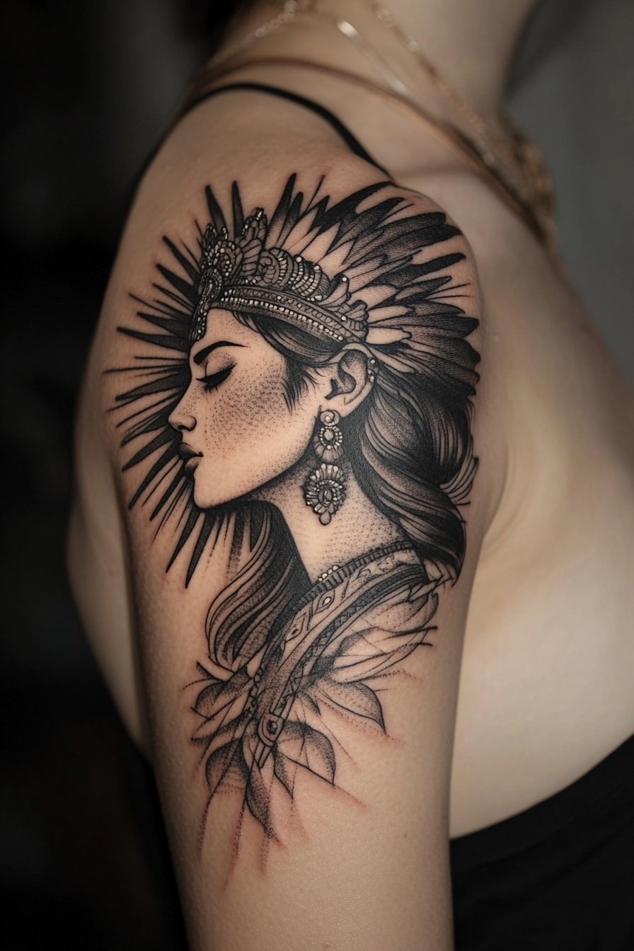 A black and white tattoo of an Indian goddess with b