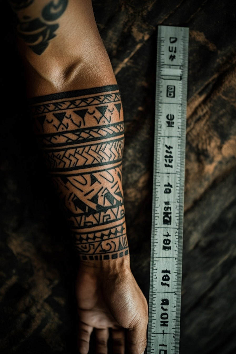 A black and white tribal tattoo design on an arm fe 9