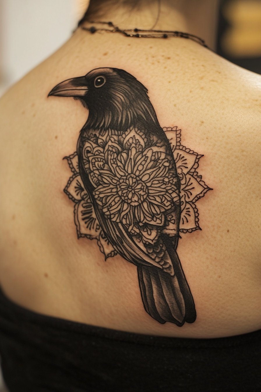 A black crow with a mandala pattern on its back a t 4