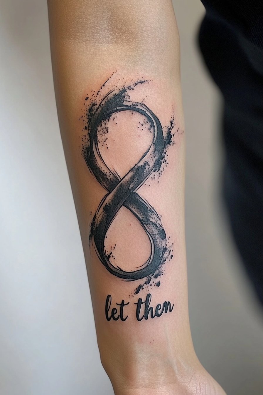 A black infinity tattoo with the text let them on
