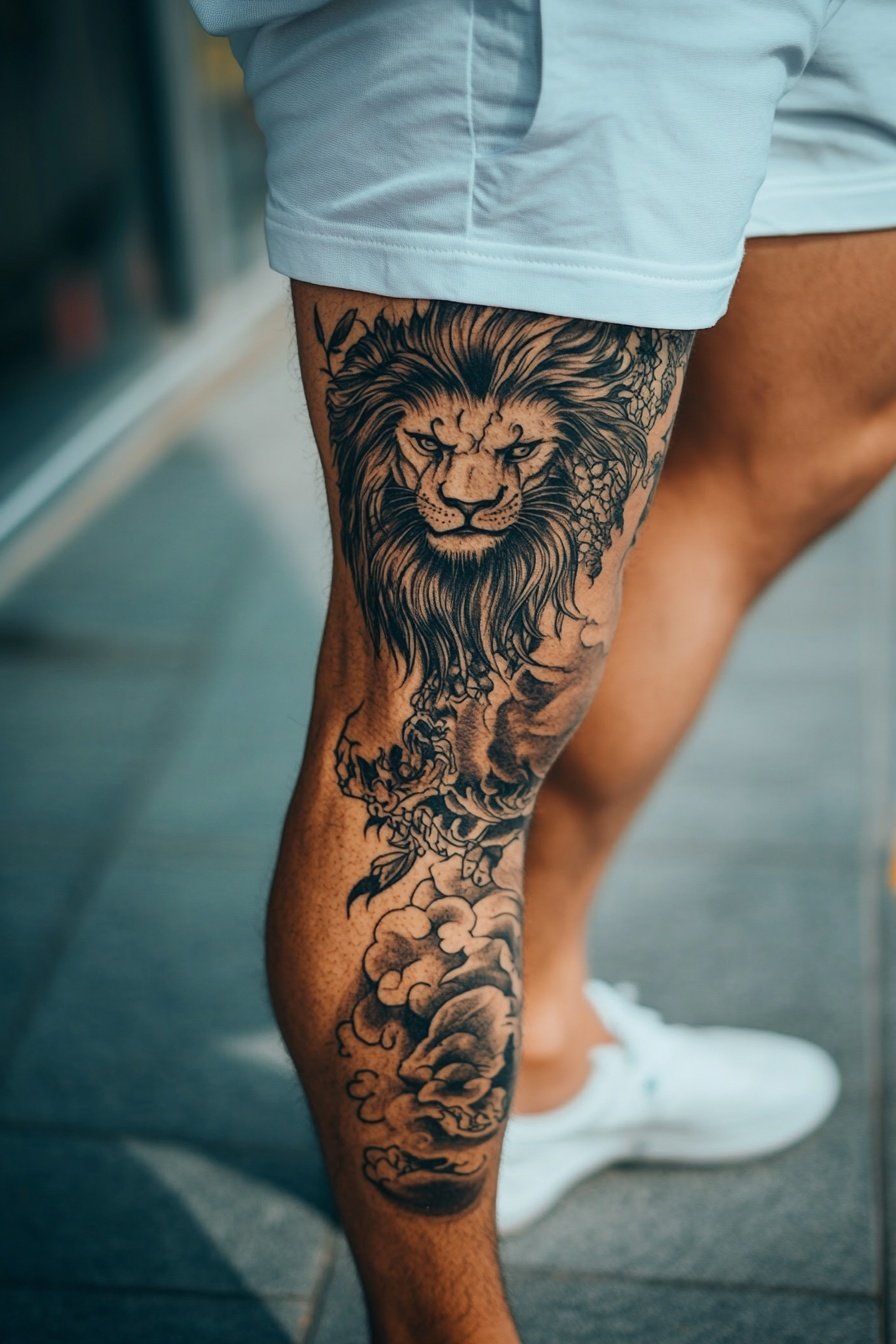 A black lion tattoo on the leg of an attractive man 2