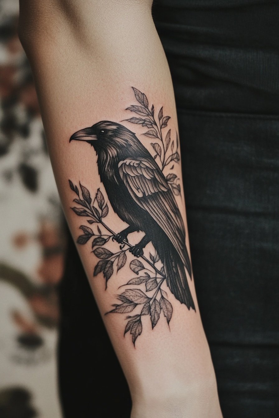 A black raven and leaves on a womans forearm tattoo 6