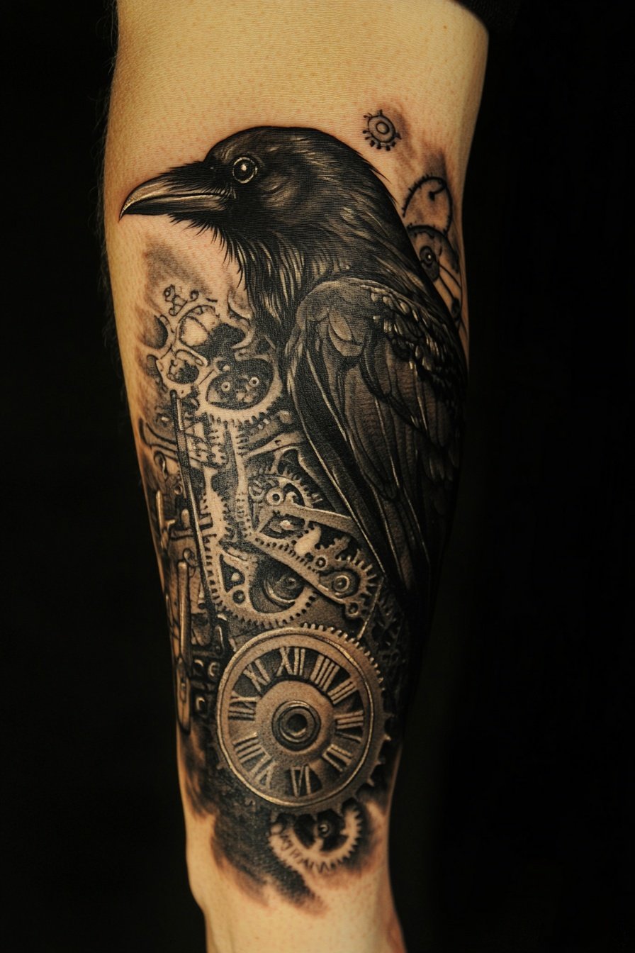 A black raven tattoo on the forearm with clockwork 4