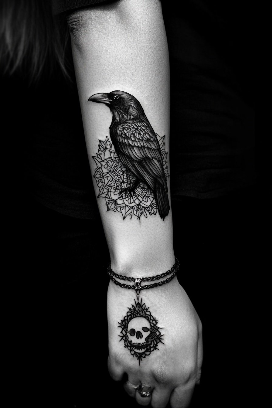 A black raven with a skull and mandala tattoo on th e