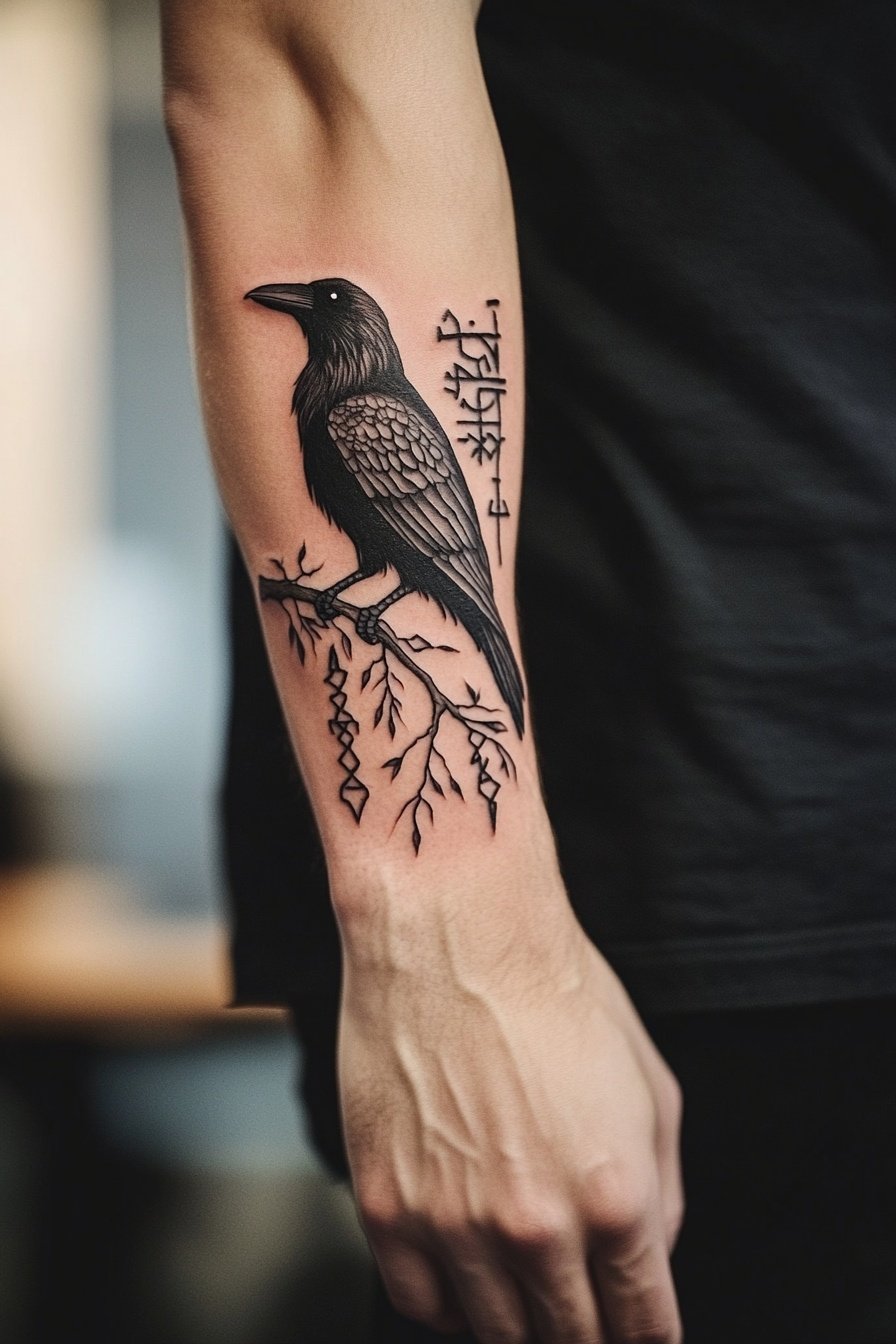 A black raven with runes around it on the left hand 7