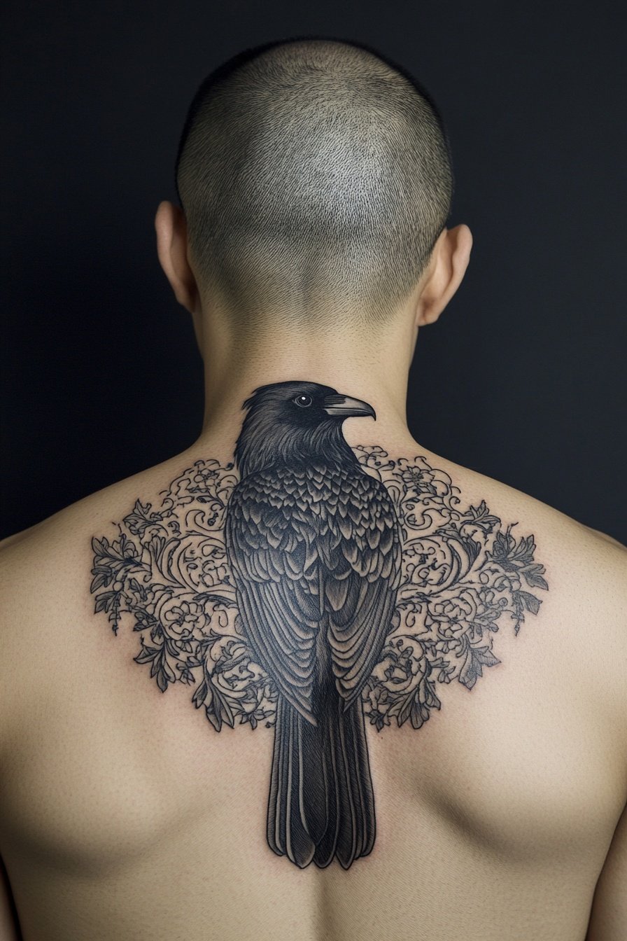 A black ravens head tattoo on the back of a mans ba 7