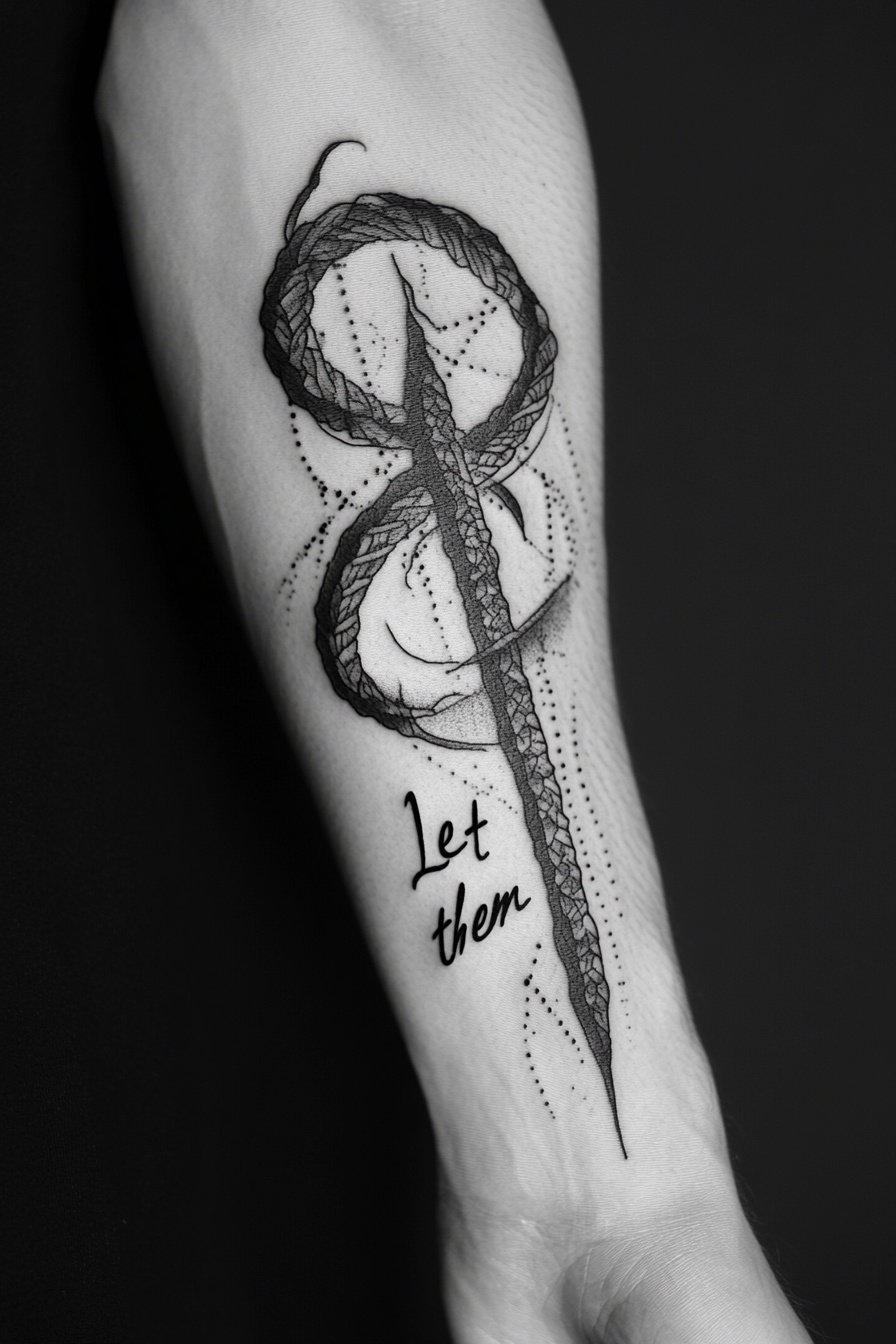 A blackwork tattoo of the phrase Let them on an ar
