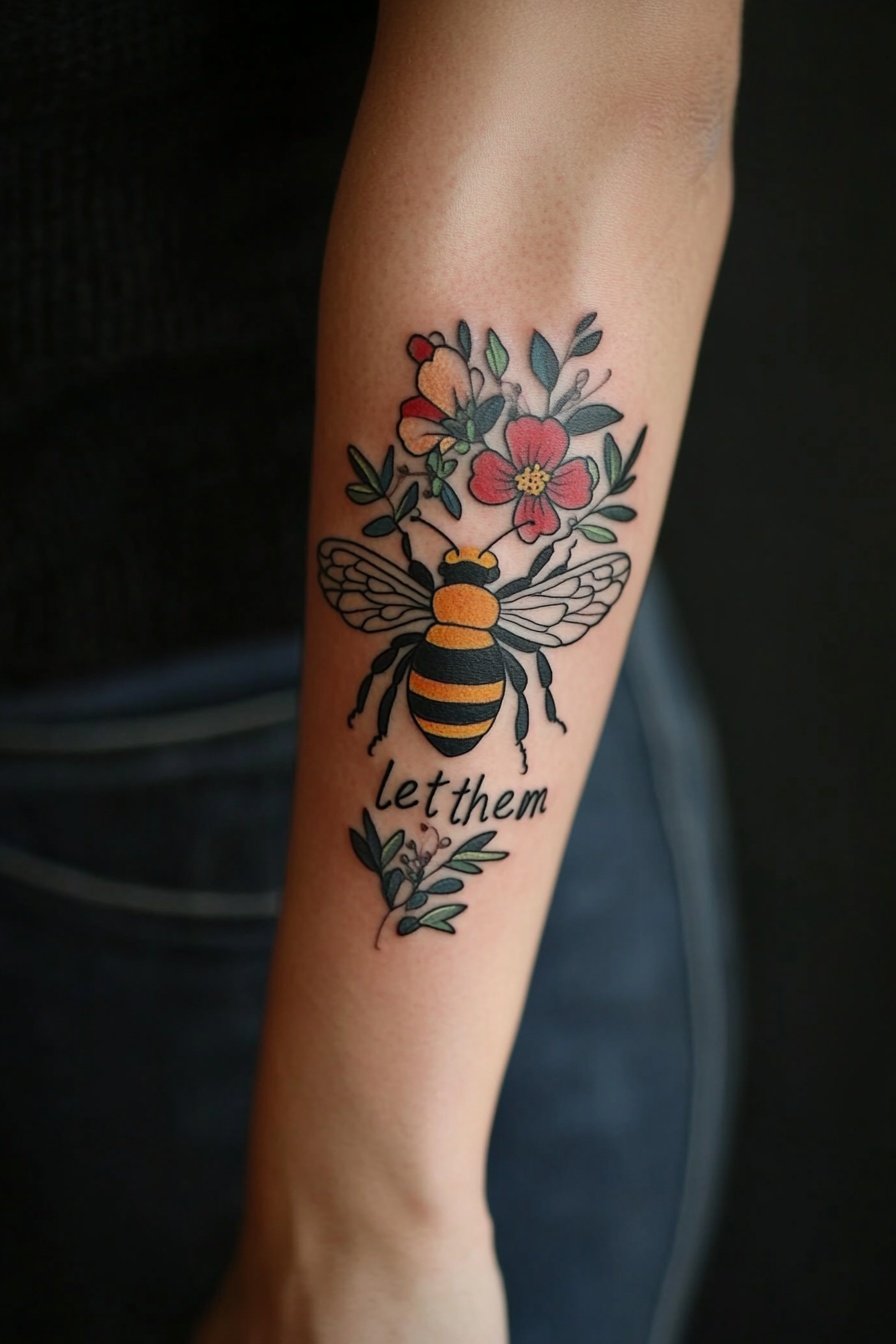 A cartoon-style tattoo of a bee with flowers and t