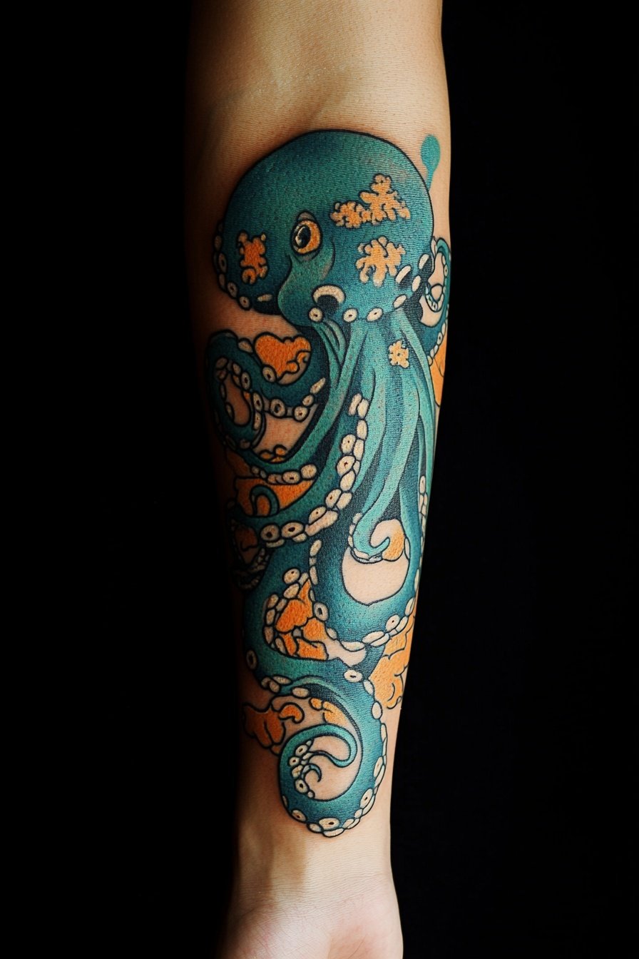 A cartoon-style tattoo of an octopus covering the e 1