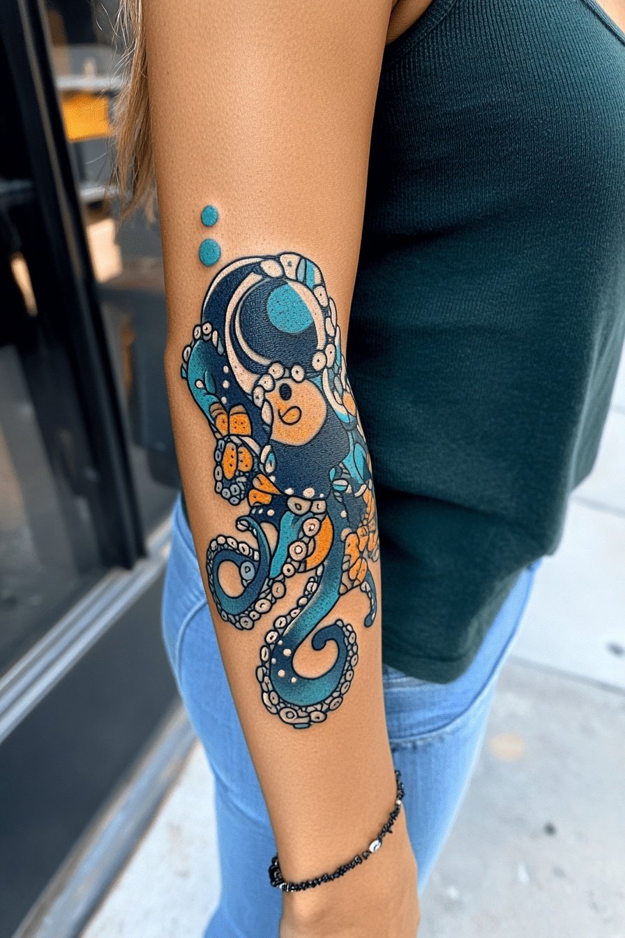 A cartoon-style tattoo of an octopus on the womans 9