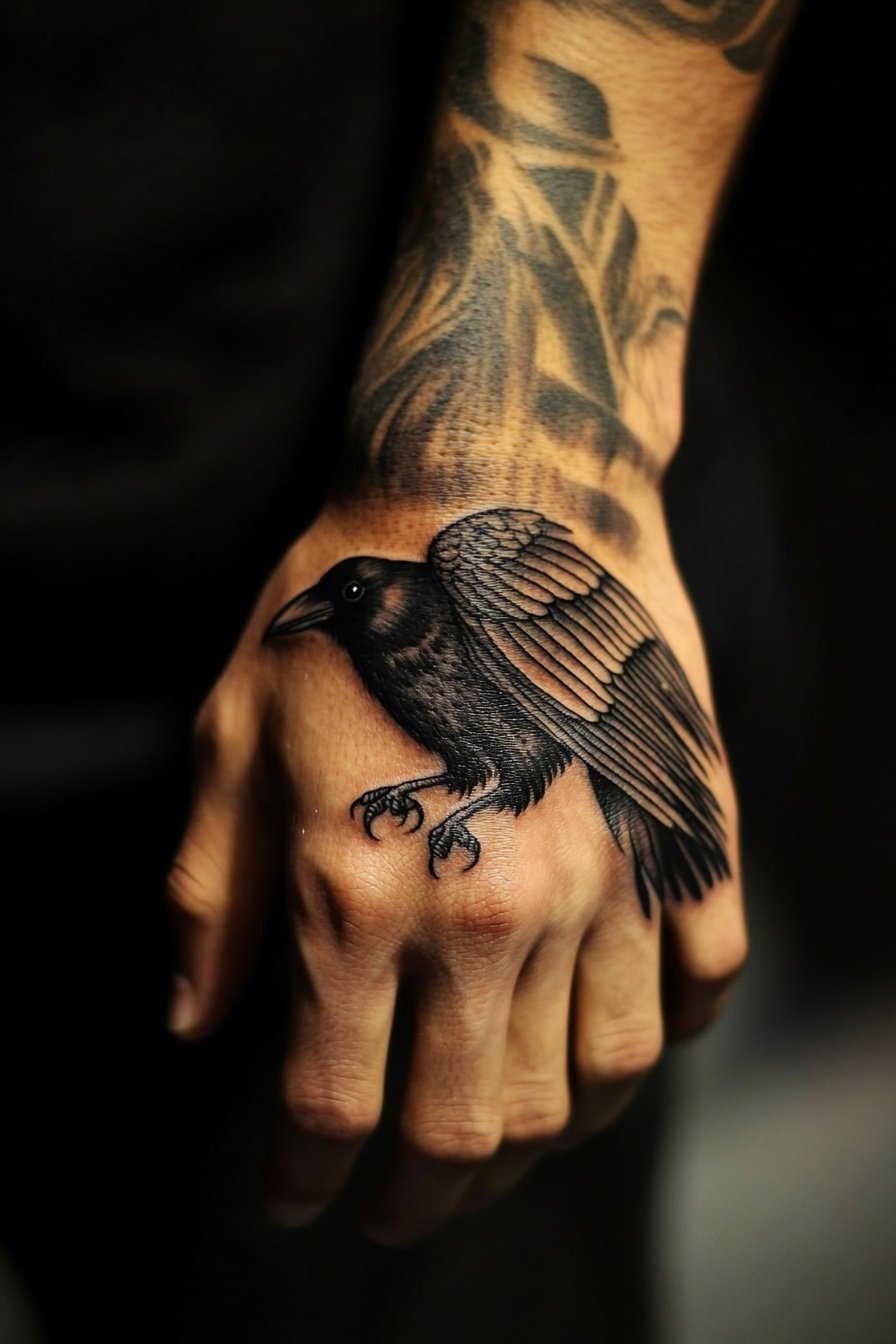 A crow tattoo on the hand of an attractive young ma 3