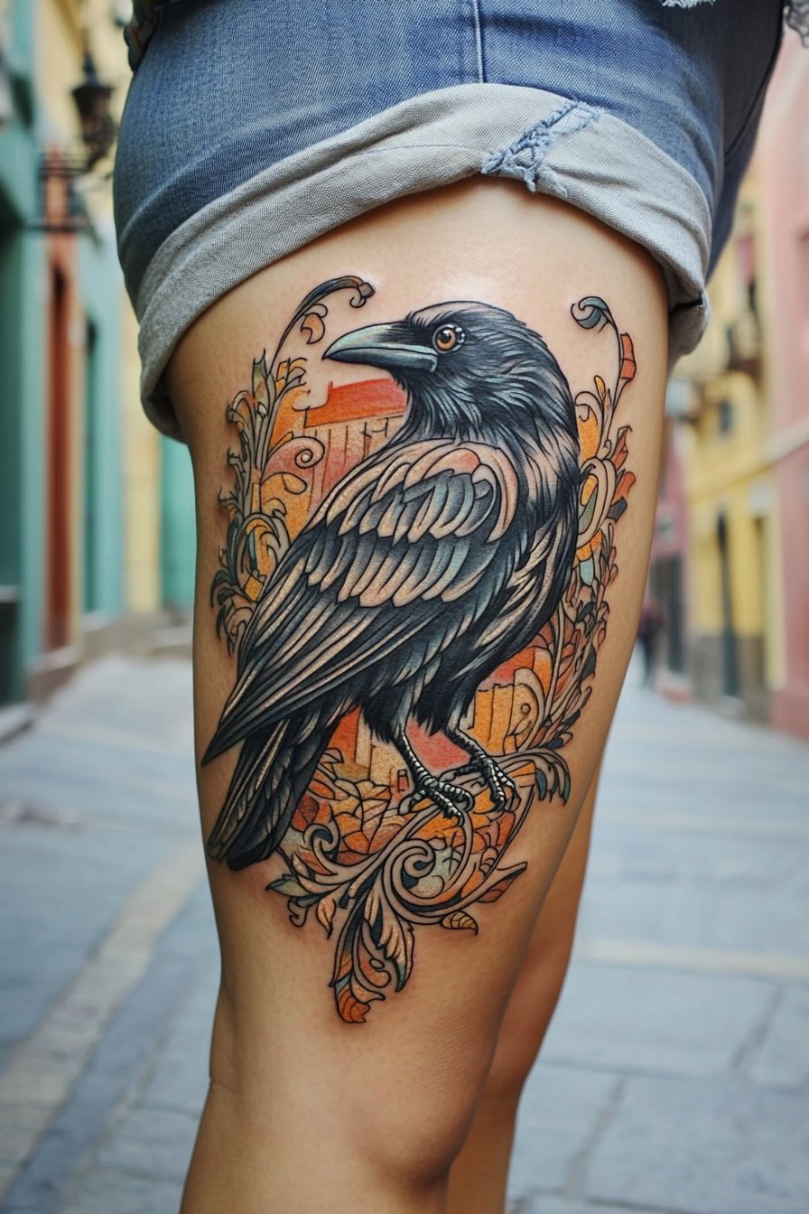 A crow tattoo with an ornate design on the thigh of f