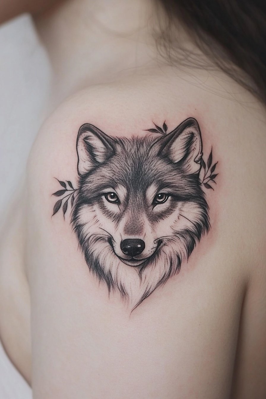 A cute little wolf tattoo design on the shoulder in b