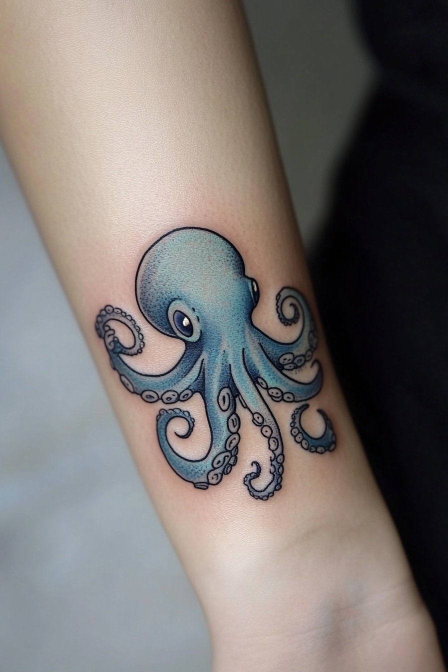 A cute octopus tattoo on the wrist with a simple co 9