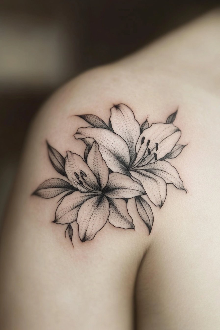 A delicate black lily tattoo on the shoulder simple c