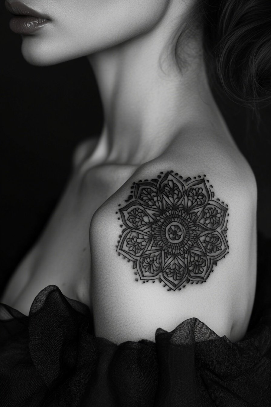A delicate black mandala tattoo on the womans shoul 2