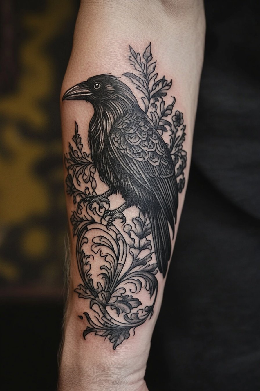 A detailed blackwork tattoo of a raven with an orna f