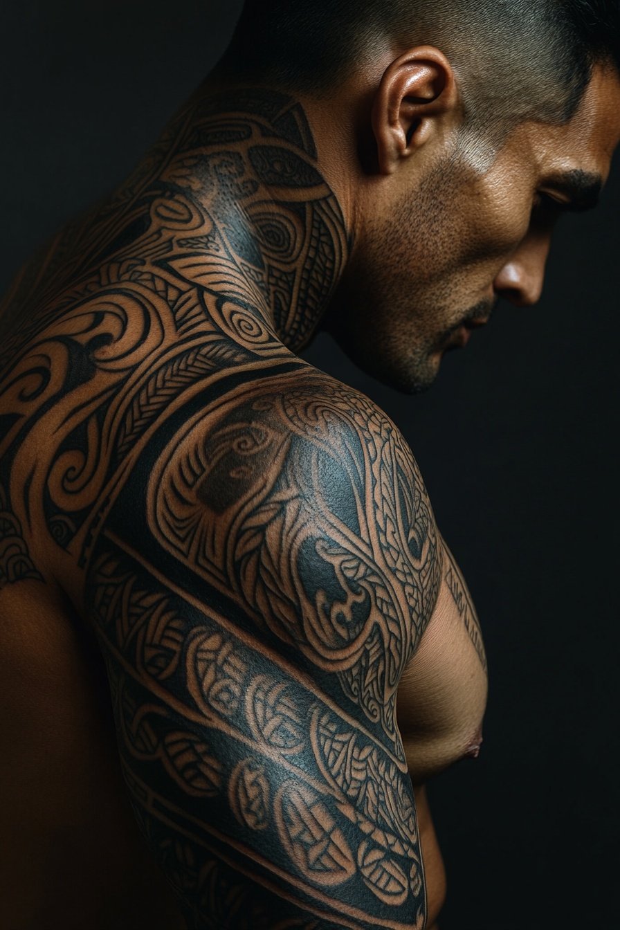 A full-body tattoo of traditional Maori designs on 8