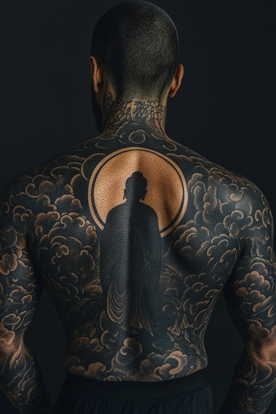 A full sleeve tattoo design featuring Buddha statue e