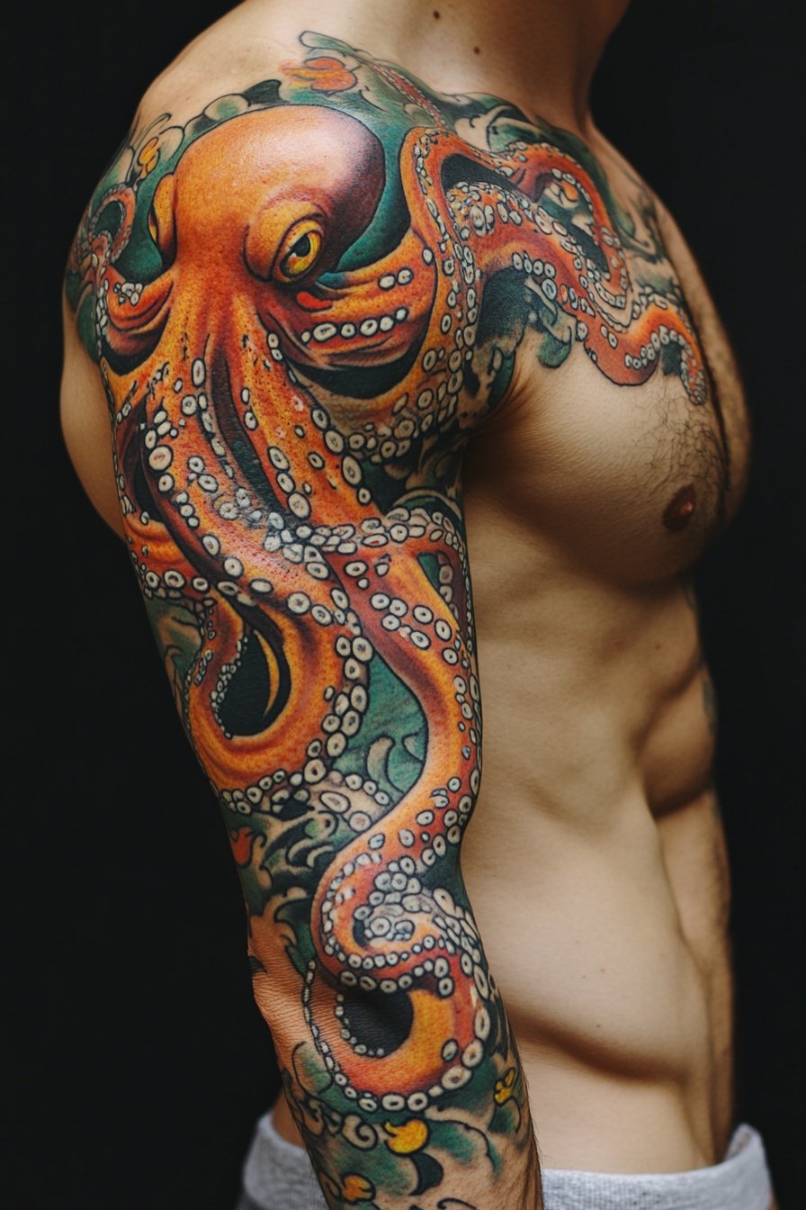 A full-sleeve tattoo of an octopus with vivid color f