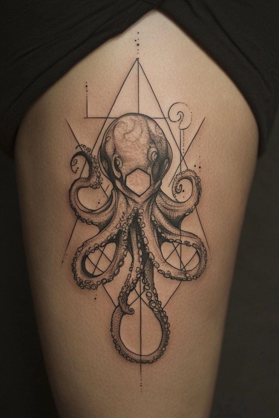 A geometric octopus tattoo in black ink on a womans 3