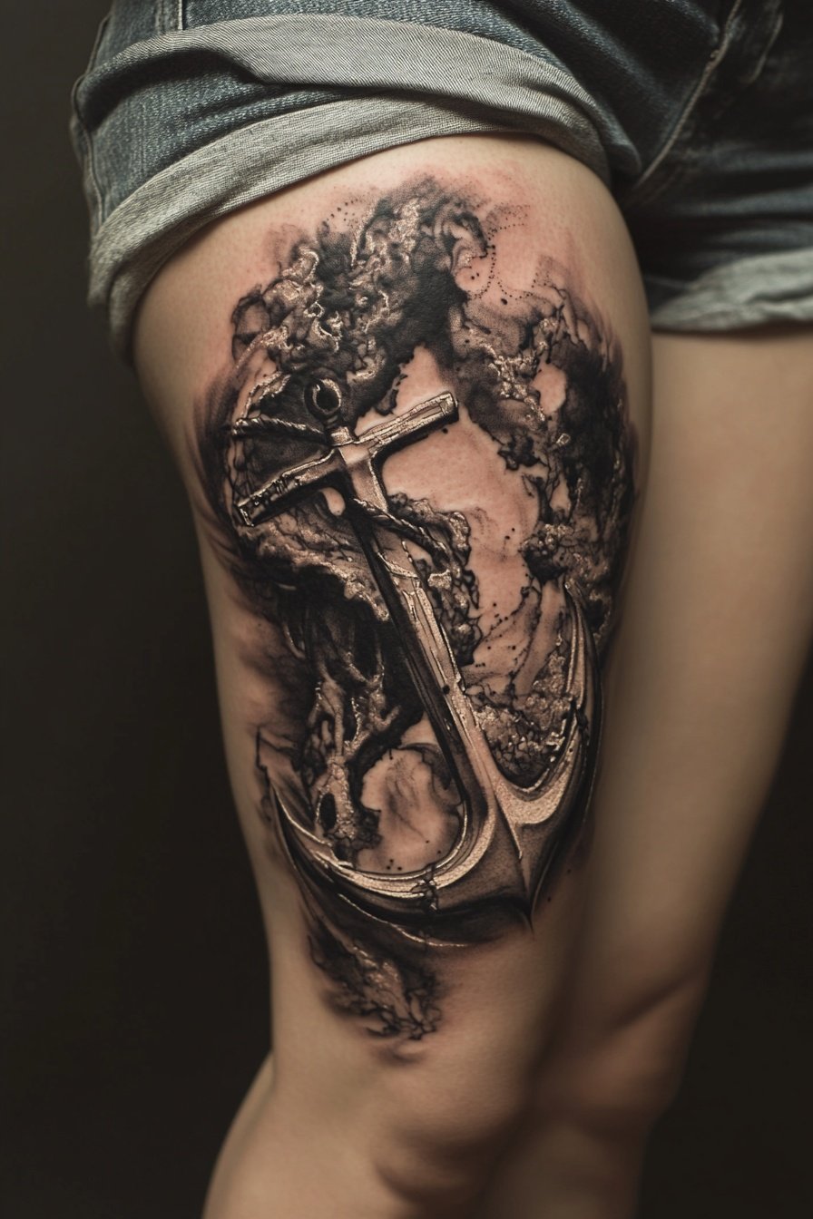 A highly detailed hyper-realistic tattoo of an anch c