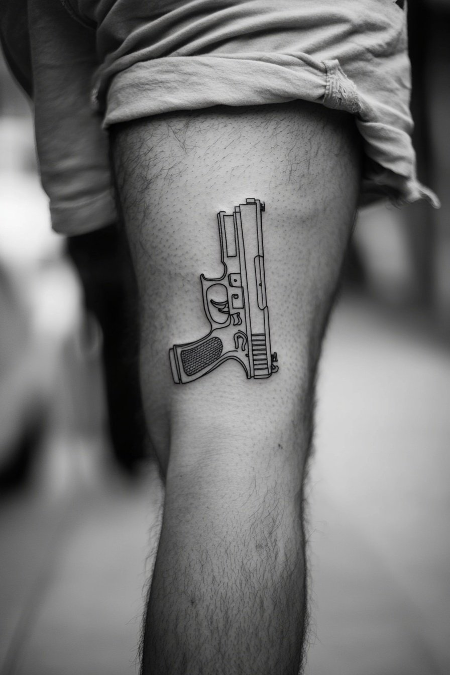 A man is wearing shorts and his leg has an outline 3
