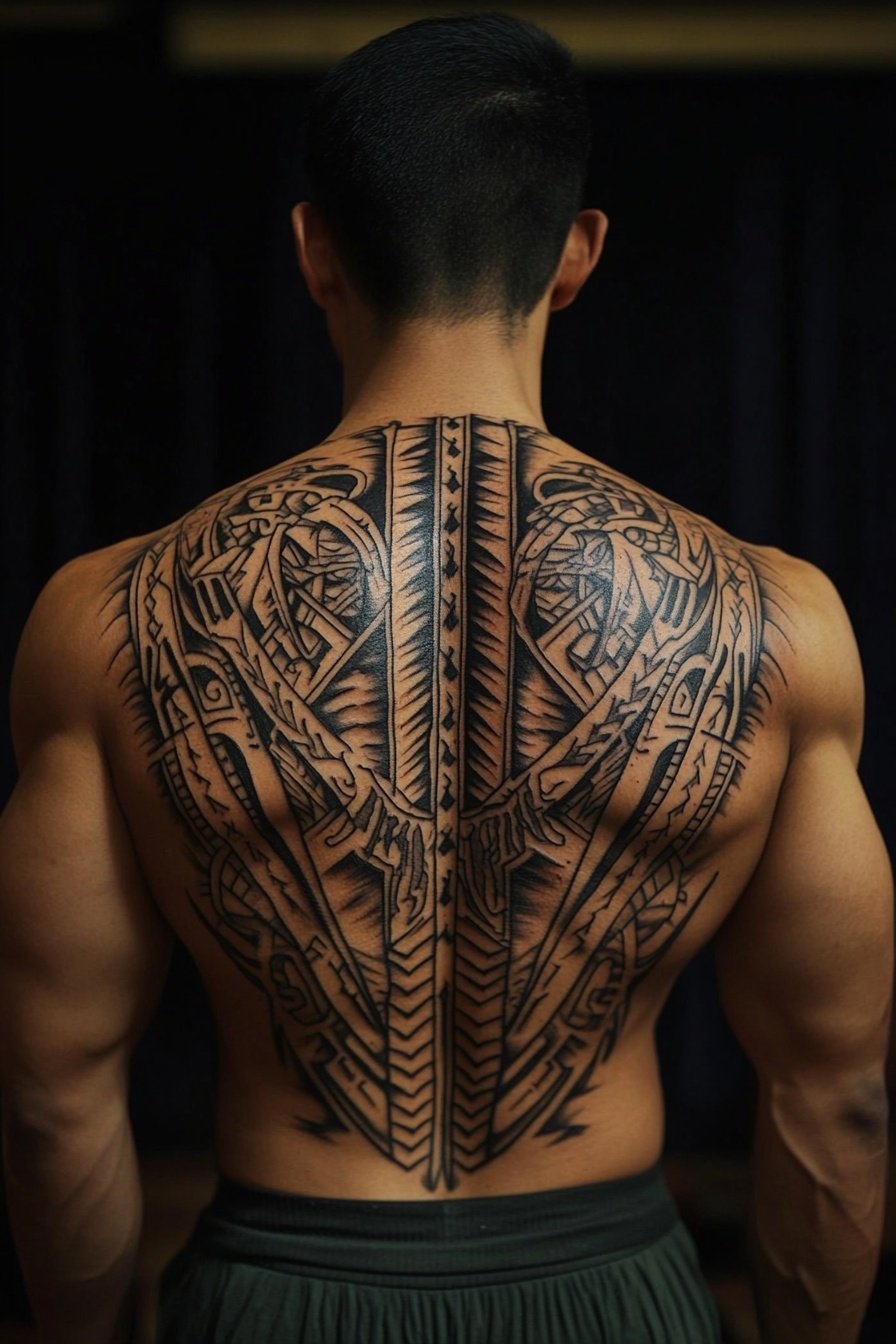 A man with an amazing Polynesian tribal tattoo on h a