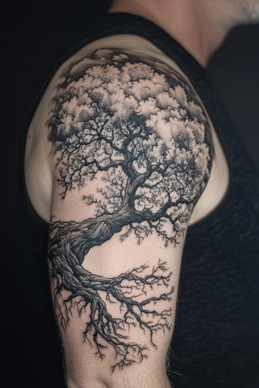 A man with an arm tattoo of the tree of life with r 5