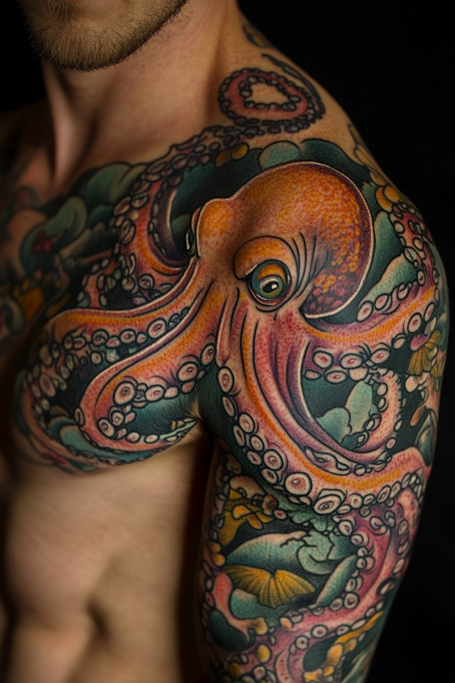 A man with an octopus tattoo on his chest and shoul 1
