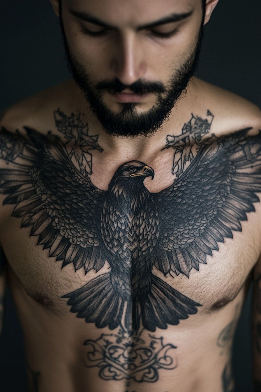 A man with black hair and a beard a chest tattoo of a