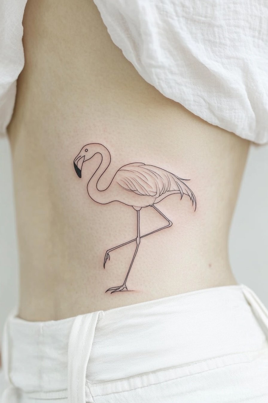 A minimalist single-line flamingo tattoo on the low 0