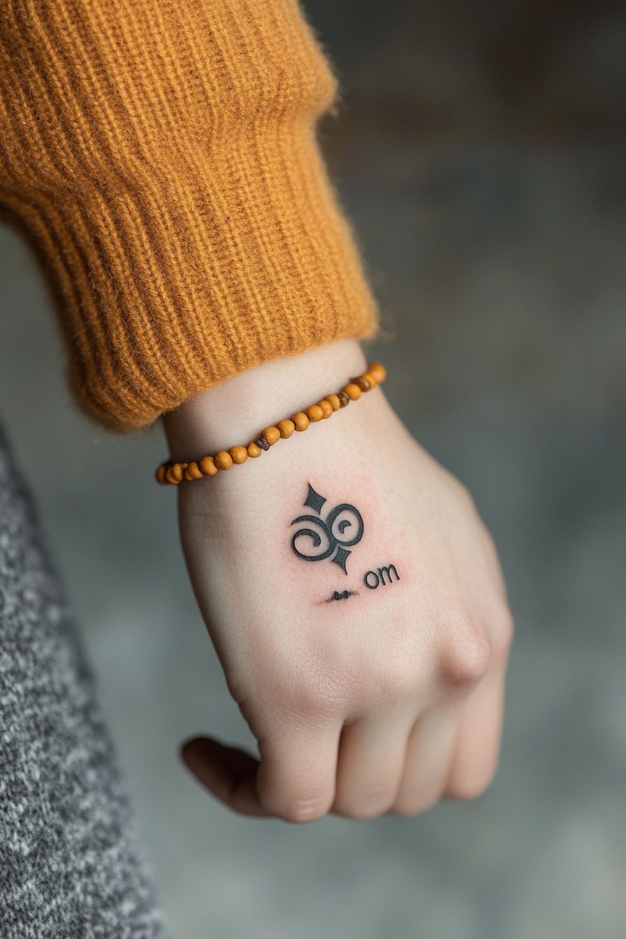 A minimalist small tattoo of the sacred symbol on a 0