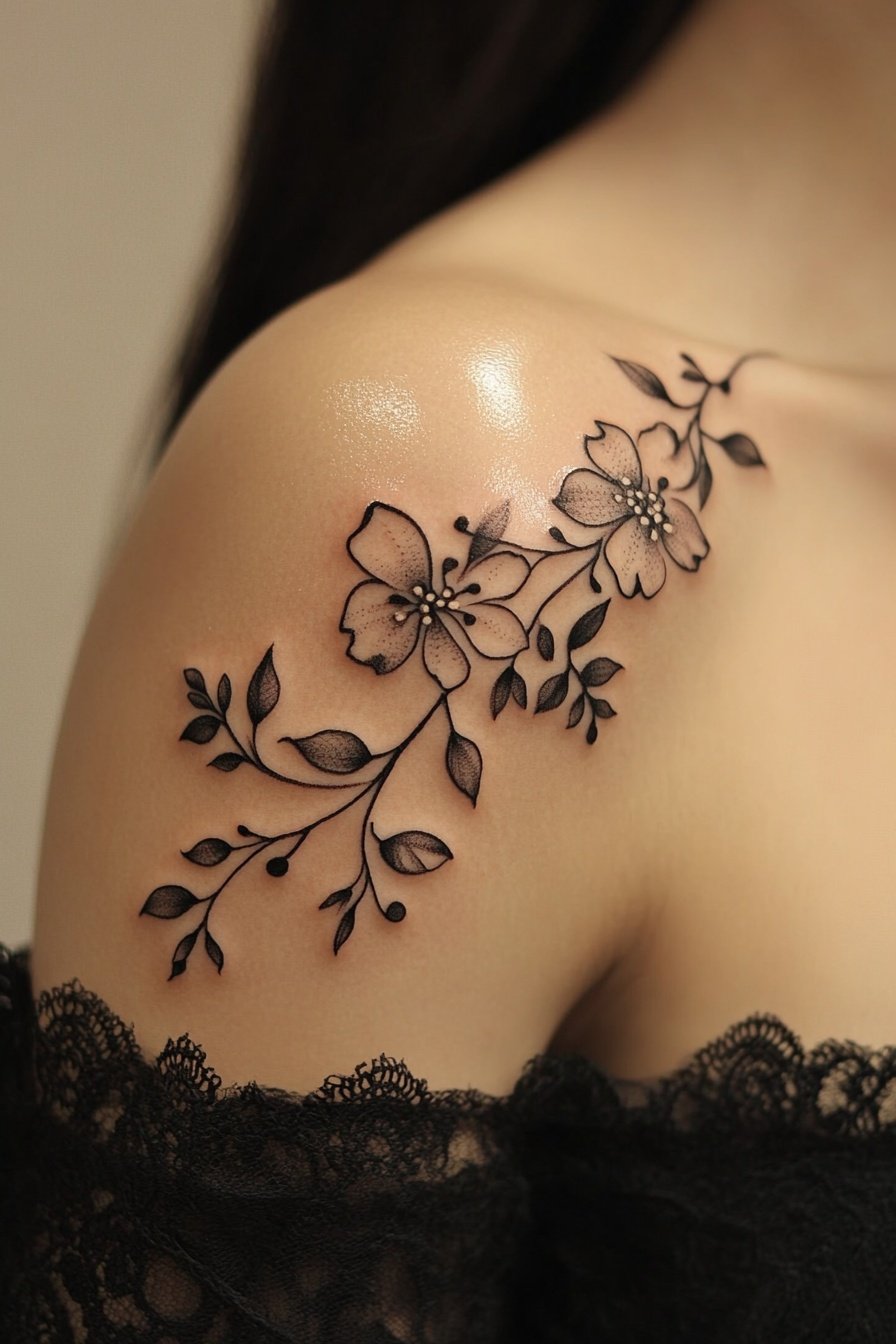 A minimalistic floral vine tattoo on the shoulder o 8