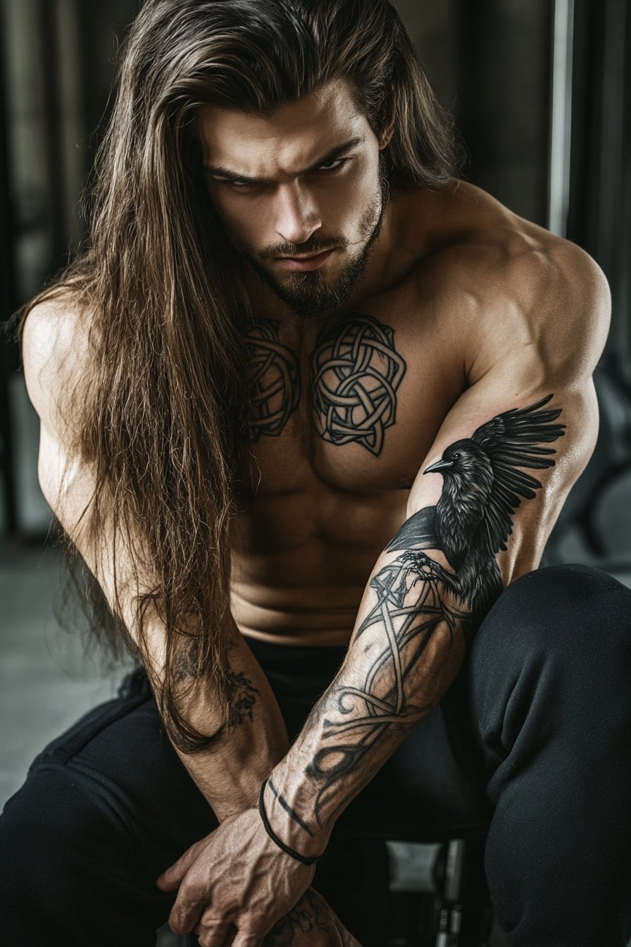 A photorealistic image of an athletic man with long 2