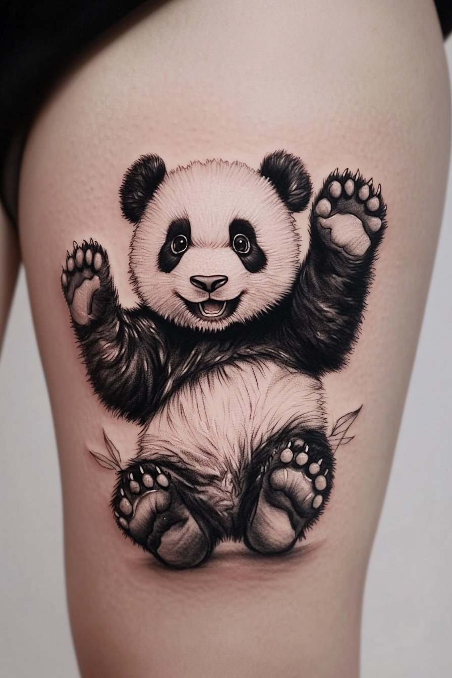 A realistic tattoo design of a cute panda bear with 2