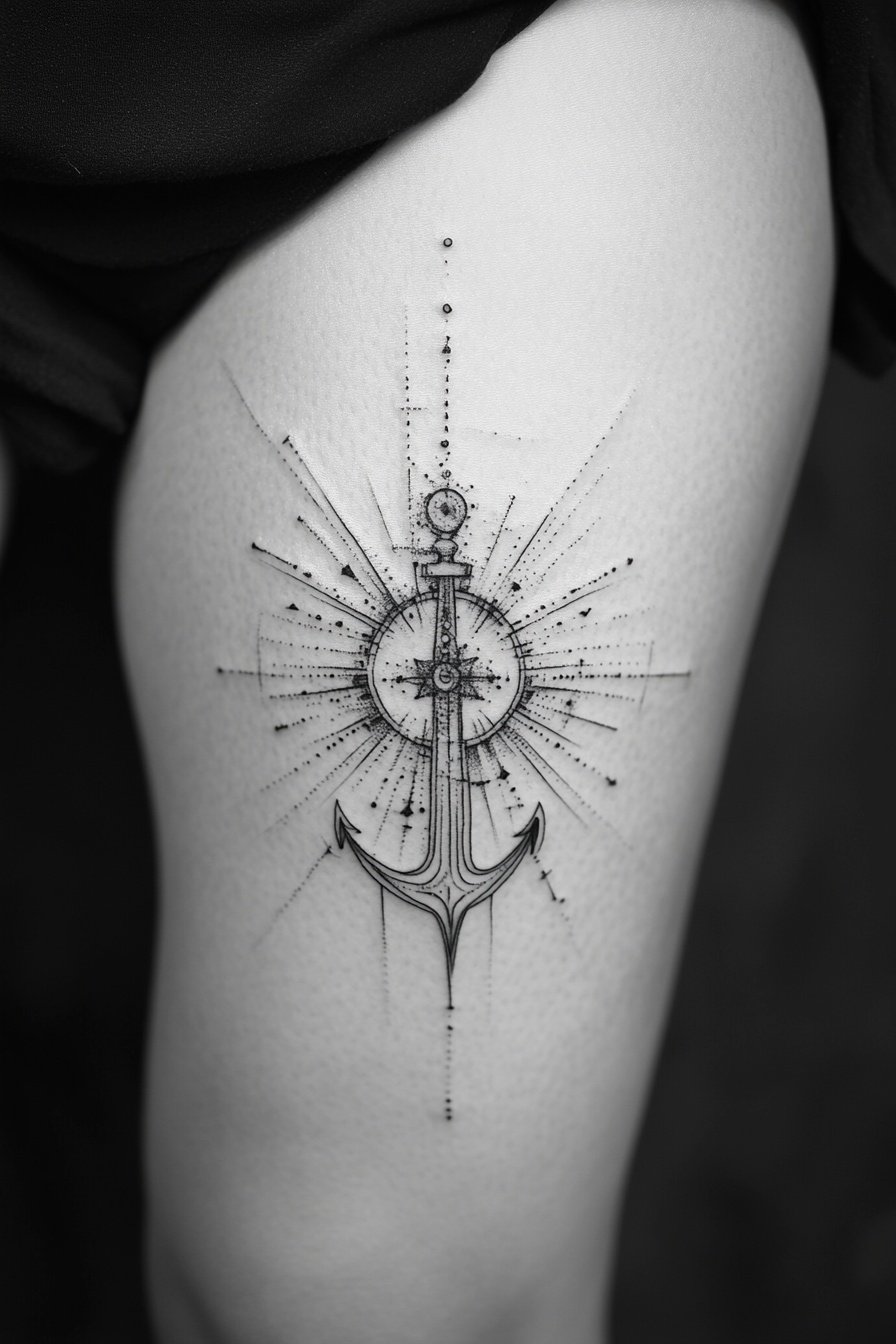 A realistic tattoo design of an anchor with rays em 3