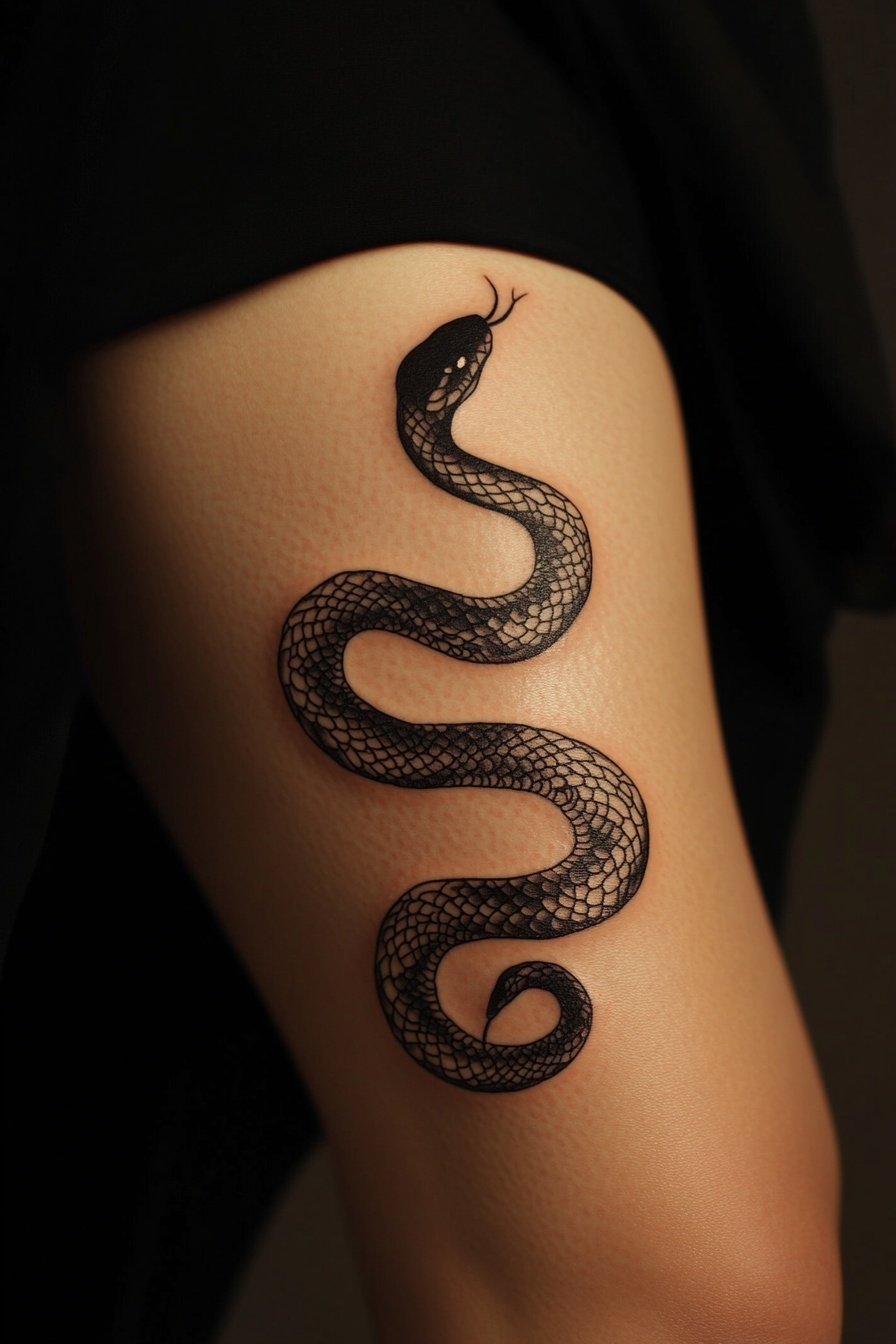 A simple and elegant black snake tattoo on the thig 8