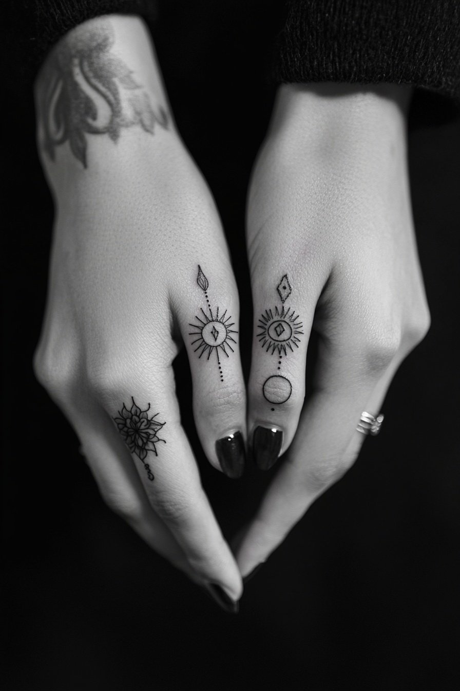 A simple black ink tattoo on the fingers of one han e
