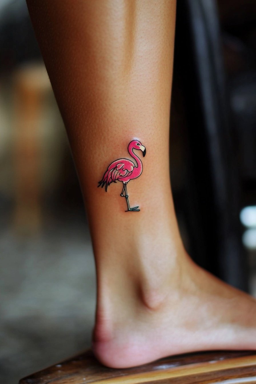 A small and cute flamingo tattoo on the ankle with 2