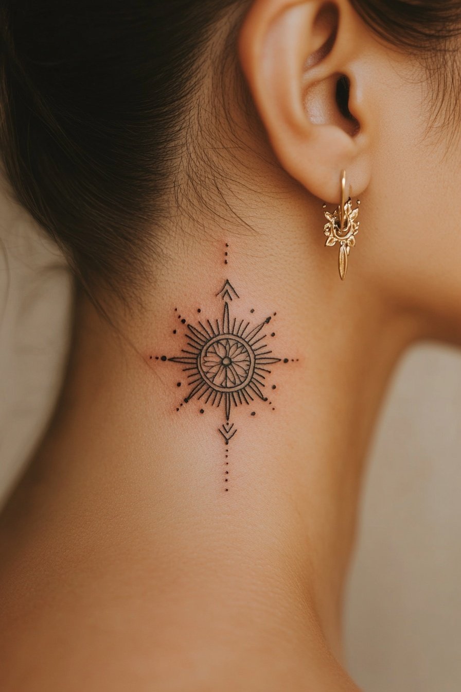 A small and delicate black tattoo on the womans nec 8